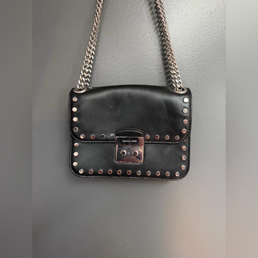 Michael Kors Sloan Editor Studded Black Leather Chain Shoulder Bag